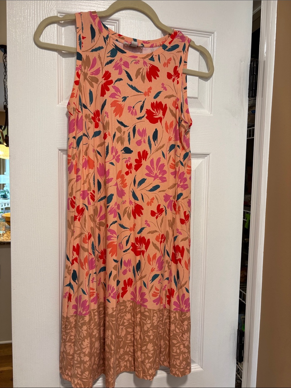 Loft Floral Peach A-Line dress - Pink,Green,Beige & Red Print